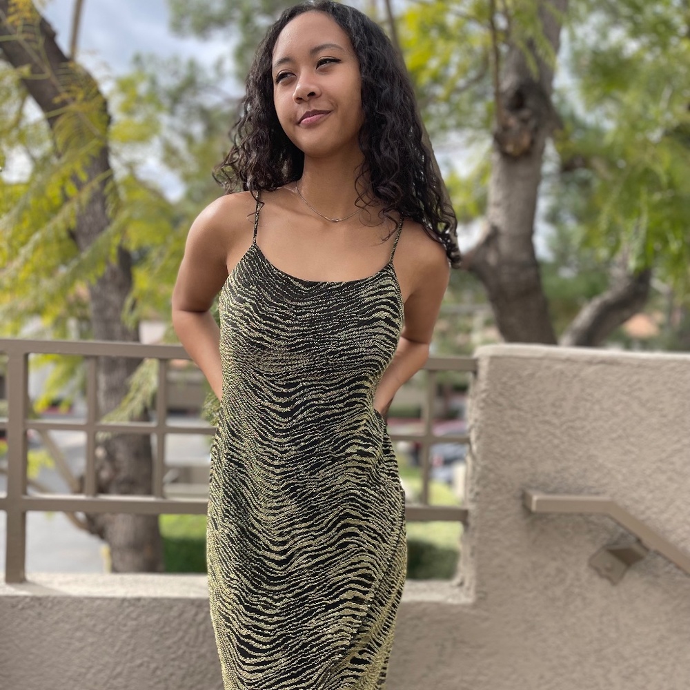 VINTAGE Black Gold Metallic Tiger print mini dress high-low dress
